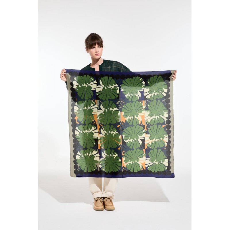 Graphic floral silk scarf - Green Poppy/Mapoésie